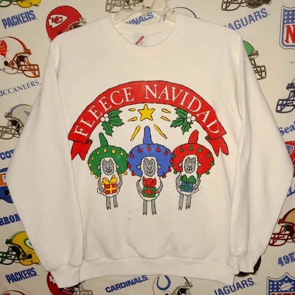 Vintage 1980s Fleece Navidad Sheeps Spanish Christmas Xmas Crewneck Sweatshirt - Picture 1 of 4